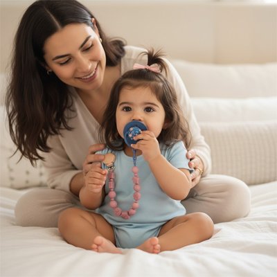 bébé tient sa tétine avec maman