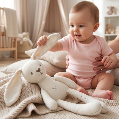 Doudou lapin blanc et bébé