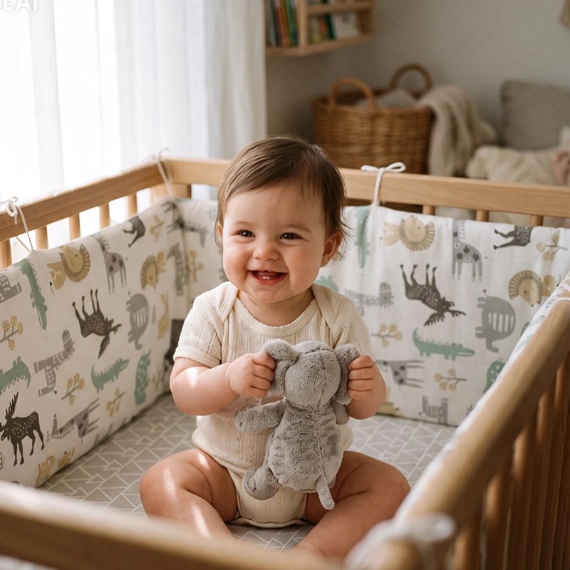 bébé assis dans son lit entourer avec Tour de lit bebe