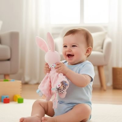 bébé content d'avoir son Doudou bebe 