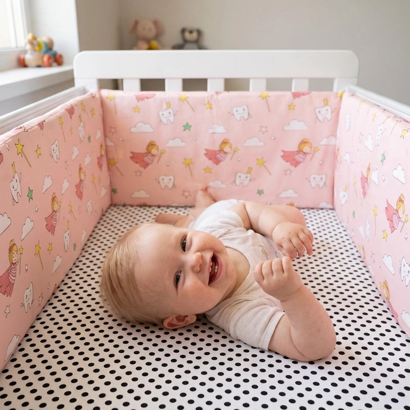 bébé dans son lit avec Tour de lit rose