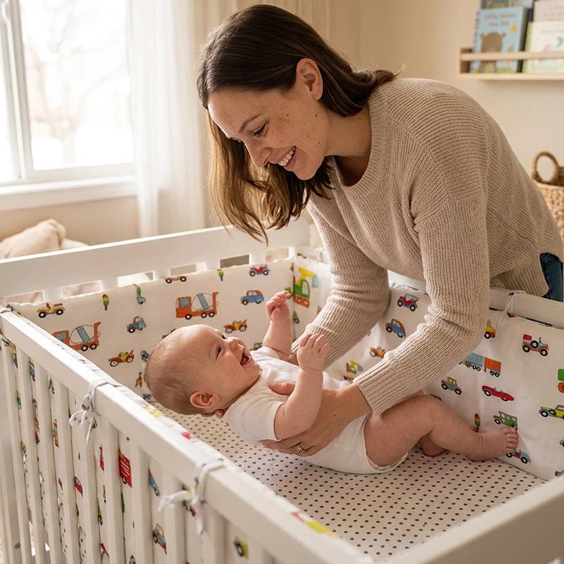 Bébé dépose son bébé dans son lit entouré avec Tour de lit bébé