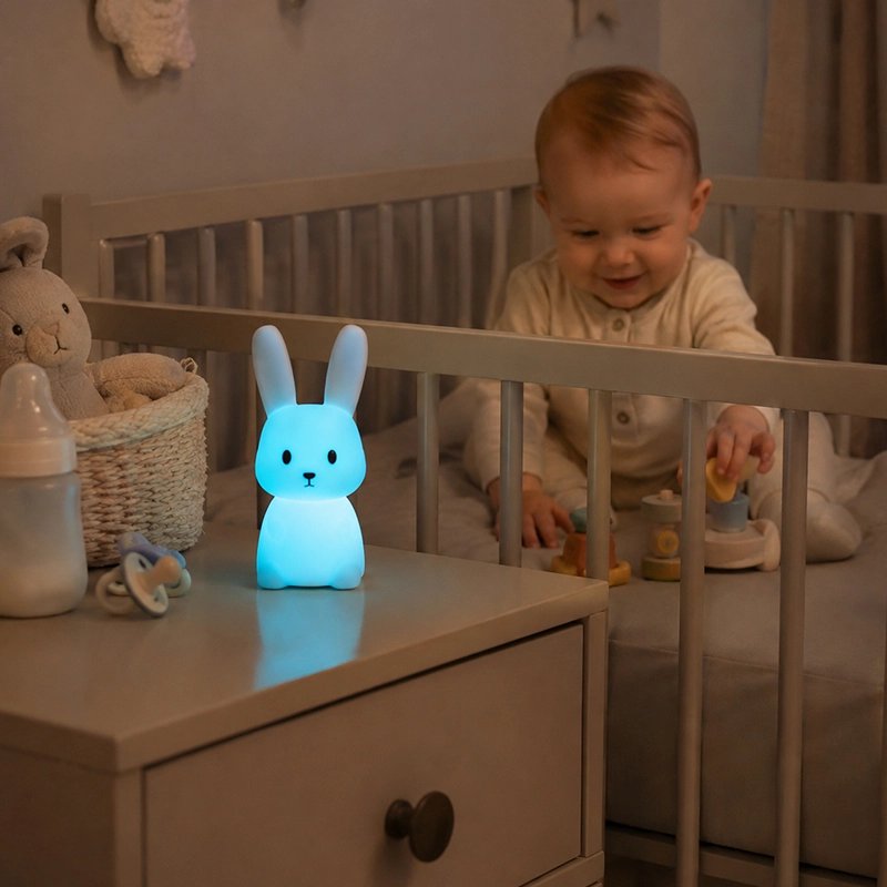 bébé joue dans son lit a coté du Veilleuse lapin bleu