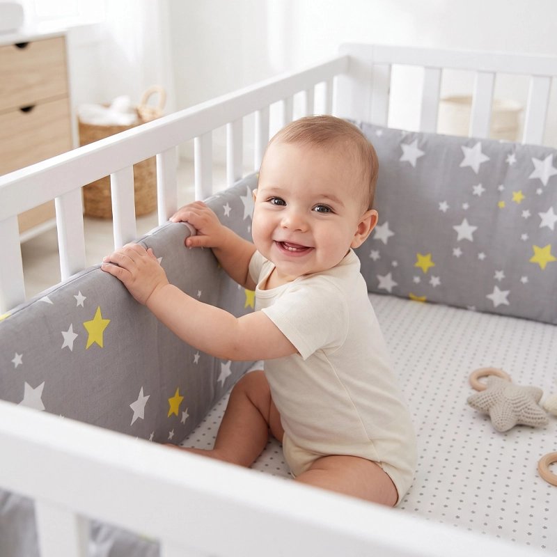 bebe joue dans son lit entourer par Tour de lit