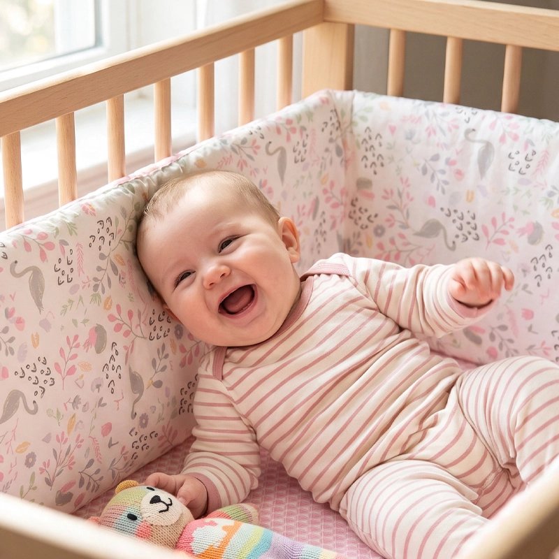 bébé très content dans son lit entourer avec Tour de lit bebe