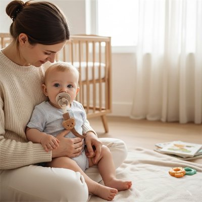 maman avec bébé qui porte Attache sucette