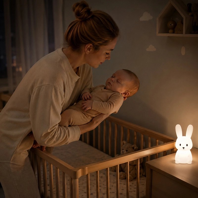 maman dépose son bébé dans son lit prêt du Veilleuse lapin