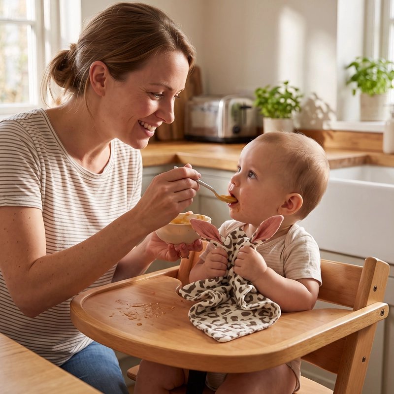 maman donne à manger a son bebe qui tiens à la main son  Doudou bebe