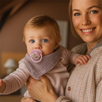 maman porte bébé qui porte Tétine bébé rose