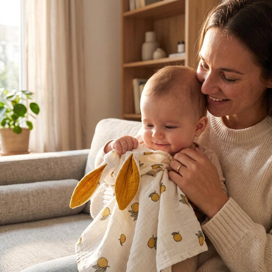 maman porte son bebe qui joue avec Doudou bebe