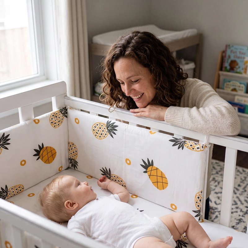 maman regarde bébé dans son lit avec Tour de lit