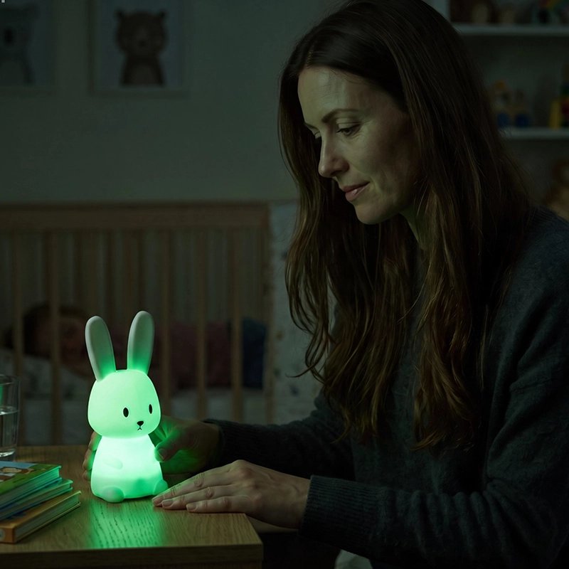 maman regarde la Veilleuse lapin vert