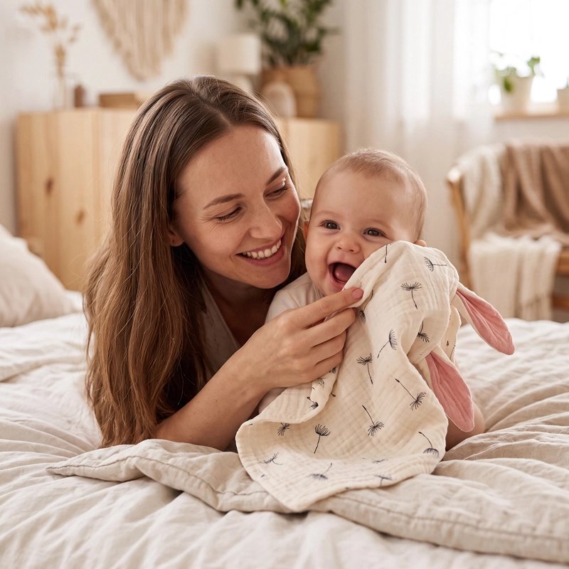 maman s'amuse avec son bebe qui joue avec  Doudou bebe