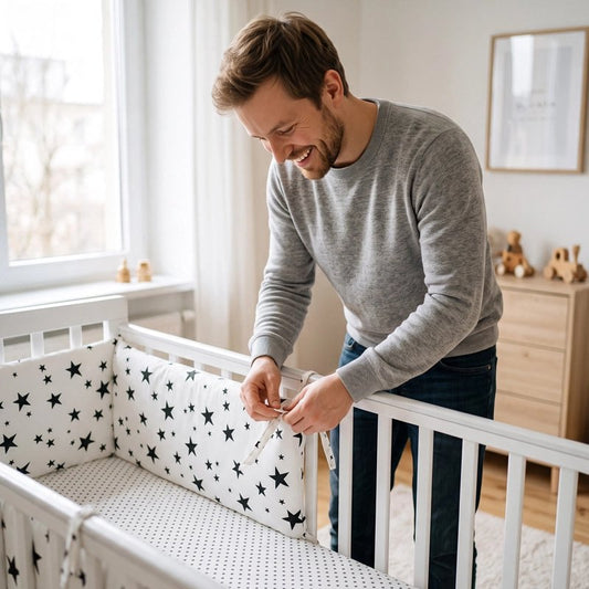 papa prépare le Tour de lit de son bébé