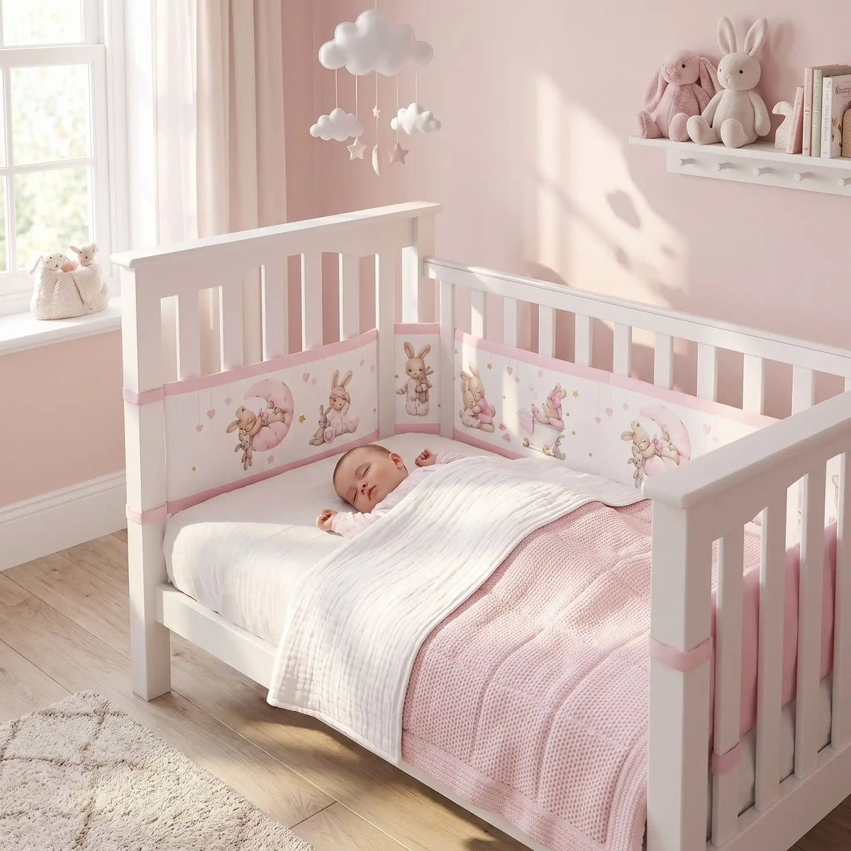 bébé dort dans son lit protéger avec un tour de lit respirant petit Lapin 