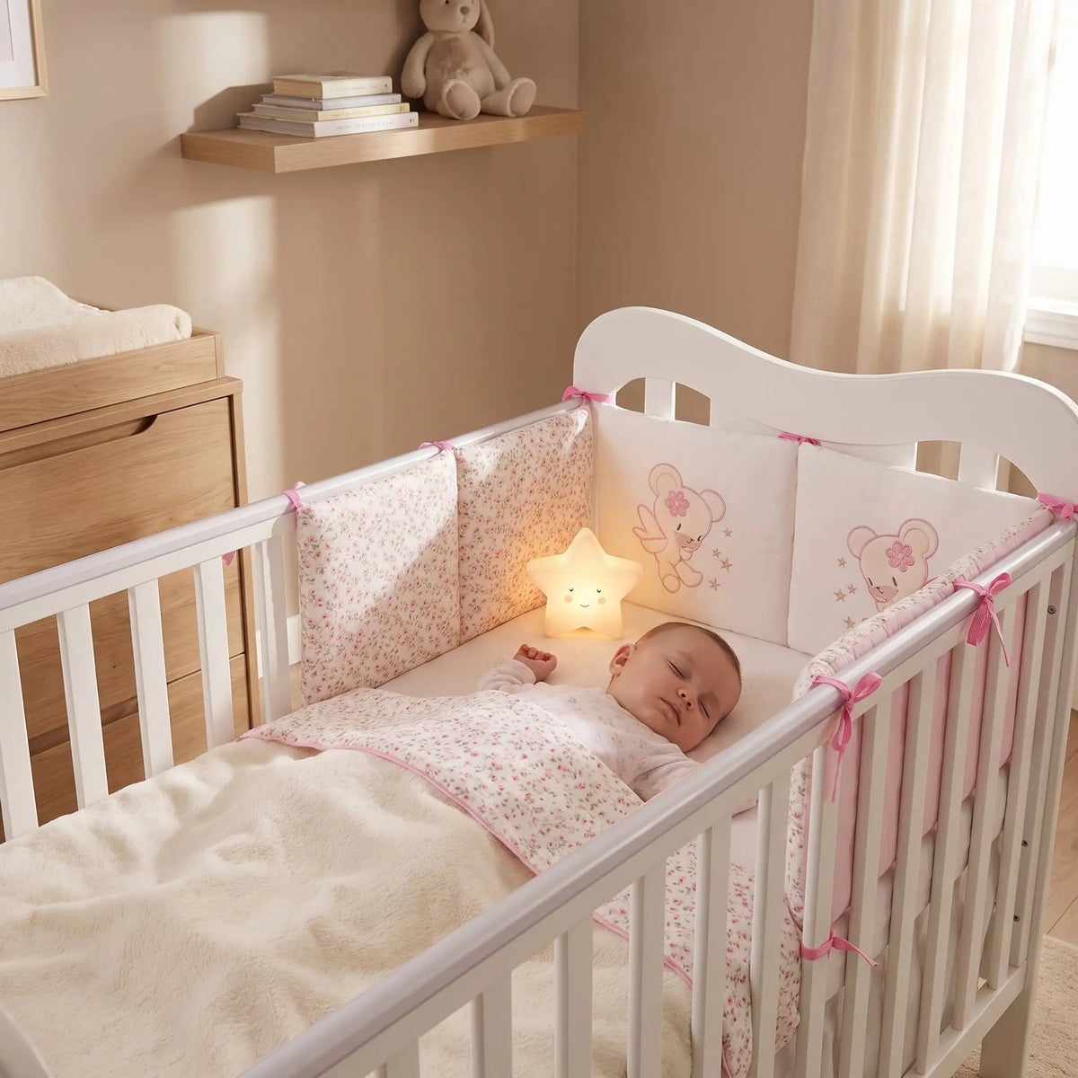bébé dort dans son lit entourer par tour de lit bébé ourson blanc et rose