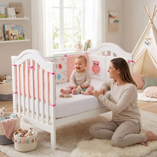 maman joue avec son bébé dans son lit entourer par tour de lit bébé hibou rose et blanc