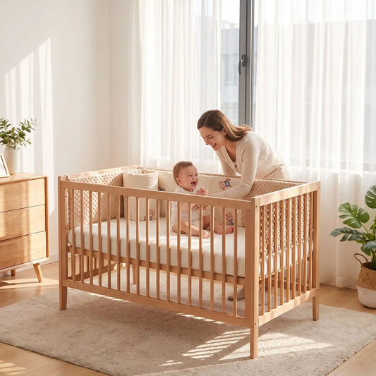 maman joue avec bébé dans son lit entourer par tour de lit bébé 
