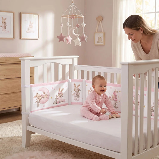 maman regarde son bébé qui joue dans son lit protéger par tour de lit lapin