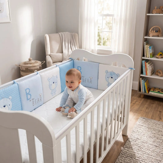 bébé dans son lit entourer par tour de lit bébé ours bleu